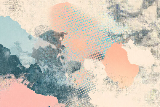 Multicolored scrapbooking-style background. Abstract banner with a halftone effect. Retro style. Paint stains and smudges.