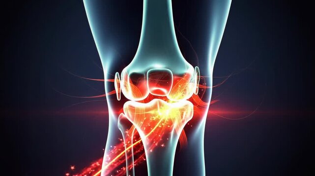 Dynamic video illustrating knee joint inflammation with glowing red highlights showing pain and swelling