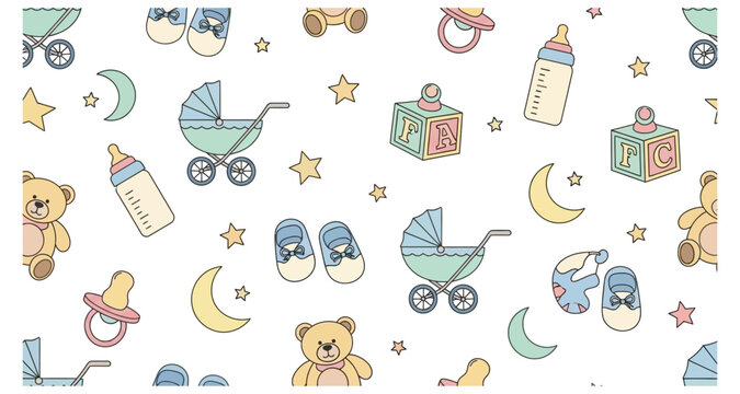 A seamless pattern featuring baby items like strollers bottles and teddy bears