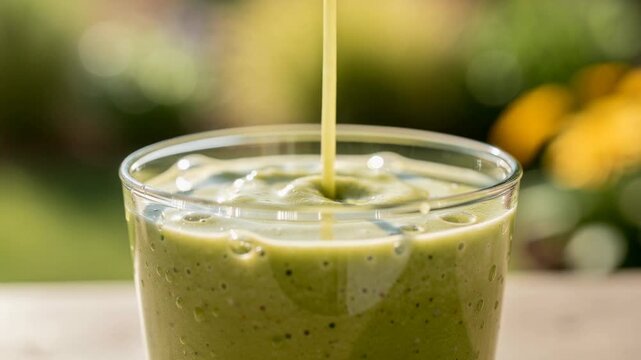 Healthy creamy green smoothie poured slowly into clear glass on sunlit wooden table