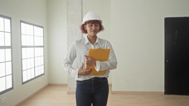 Woman architect in hardhat holds yellow clipboard against chest while smiling and standing in an empty building room with large windows; confidence.