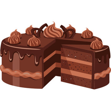 A chocolate cake with frosting is cut in half showing layers inside.