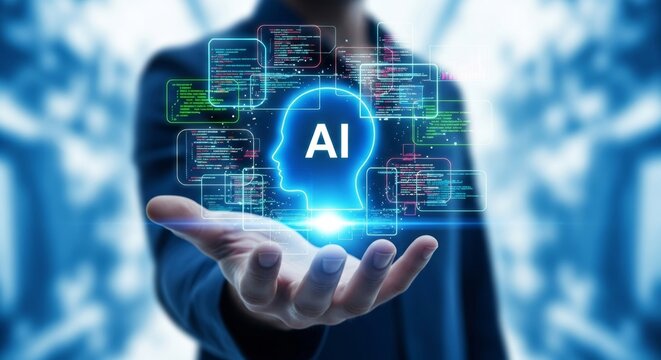 Programmer hand holding AI agent hologram. Artificial intelligence software projects code generation network for intelligent application development, automated test analysis, and system workflow.