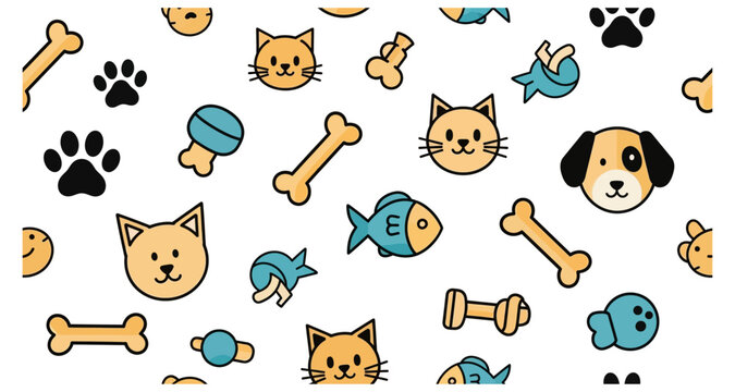 A colorful pattern featuring cute illustrations of cats dogs fish and pet accessories