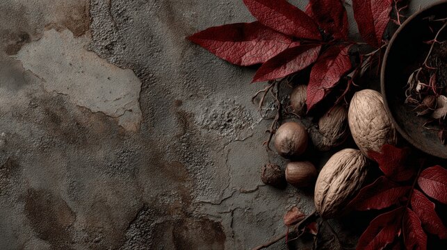 Dark textured background features autumn leaves and walnuts arranged in a rustic composition.
