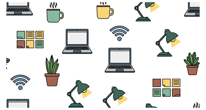 A seamless pattern featuring laptops coffee cups plants and desk lamps