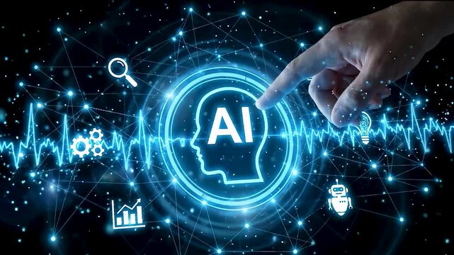 Hand touching digital AI agent hologram icon. Artificial intelligence network projects autonomous business process integration for intelligent robotic workflow automation and data analysis.