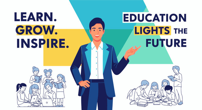 Businessman in blue suit presenting education.