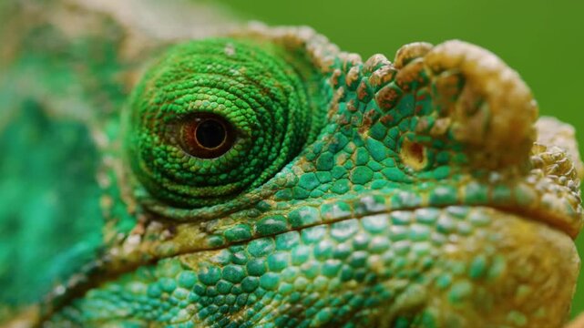 Macroscopic detailed footage of body pattern of a Parson's Chameleon (Calumma parsonii) in Madagascar Tropical rainforest.