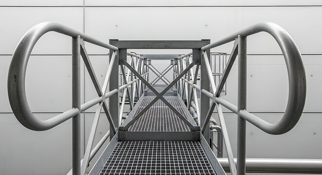 Metal walkway with handrails and grating, industrial design, perspective view, monochrome.