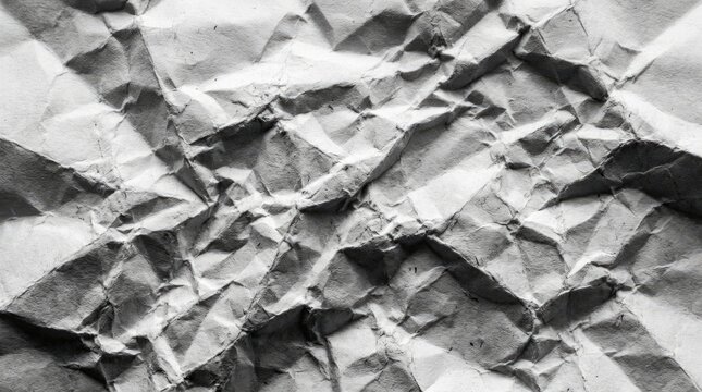 Dramatic close-up of crumpled white paper texture with deep shadows and abstract folds for minimalist design backgrounds