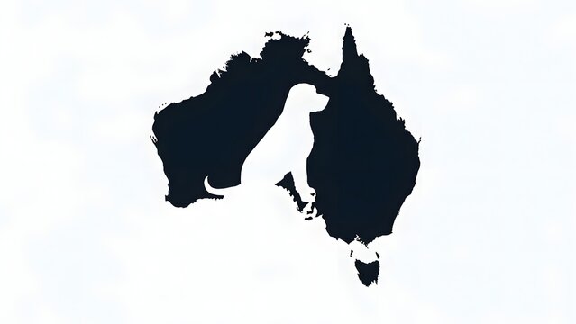 Vector graphic of Australia's map outline with a dog silhouette inside, symbolizing national pet care, animal welfare, and the unique identity of Australian dogs