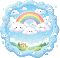 Naklejka premium Whimsical rainbow and cute clouds over green hills with weather phenomenon landscape illustration whimsical childlike colorful