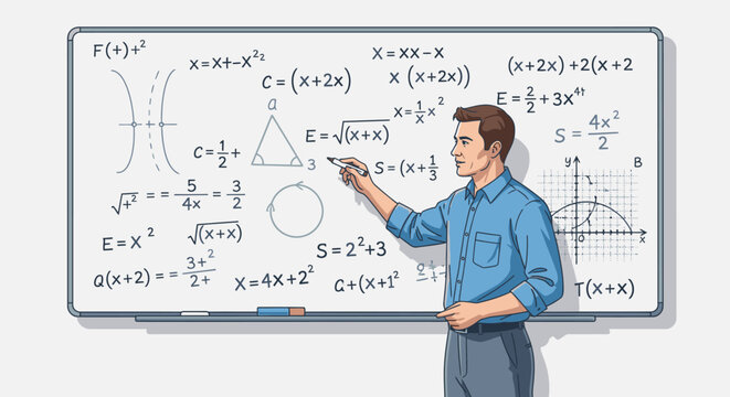 Man writing on whiteboard with equations.
