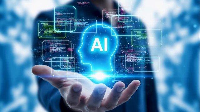 Programmer holding digital AI hologram interface software development code programming for artificial intelligence generative application automation and futuristic technology concept