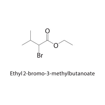 Ethyl 2-bromo-3-methylbutanoate skeletal structure. halogenated ester compound schematic illustration. Simple diagram, chemical formula.