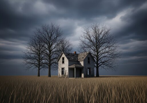A lone house standing amidst a field under a stormy sky