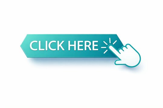 Click here button with animated cursor pointing on turquoise arrow