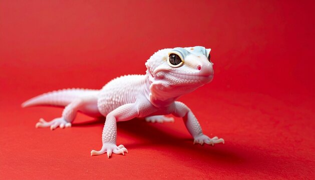 White Leopard Gecko Lizard Isolated on a Vivid Red Background