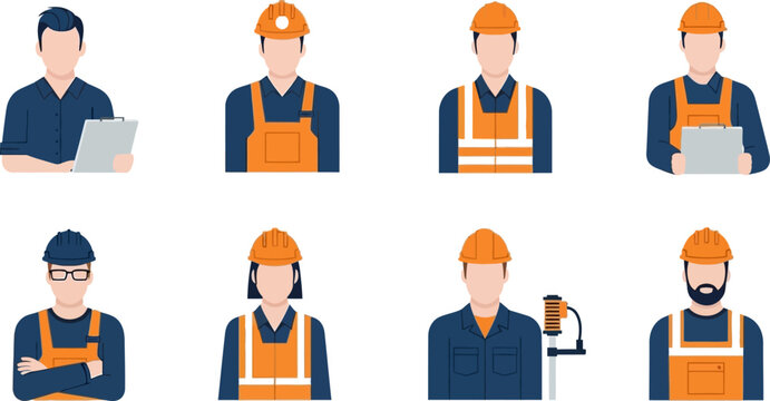 Professional construction worker avatars and industrial employee icons set in flat vector design for engineering and building project management