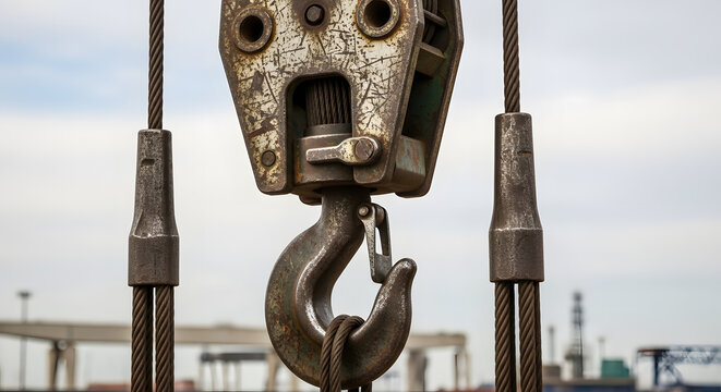 Close-up of industrial crane hook and pulley system with cables. Generated AI