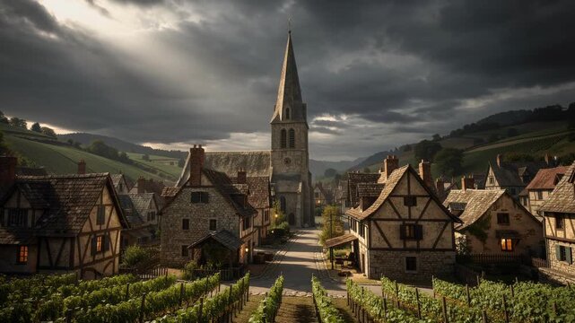 Serene medieval village nestled among lush vineyards with sunrays piercing through scenic landscape