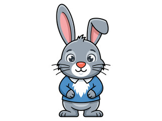 Fototapeta premium Cute Grey Bunny Rabbit Cartoon Character Wearing a Blue Sweater and White Collar. Vector Illustration Mascot Isolated on White.