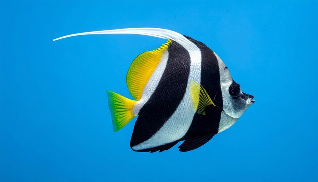 Pennant Coralfish (Heniochus acuminatus) swimming in clear blue water