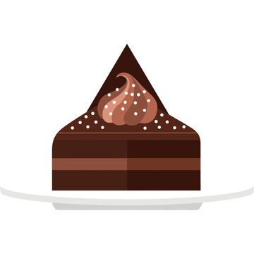 Delicious chocolate cake slice on a white plate with brown frosting and white sprinkles