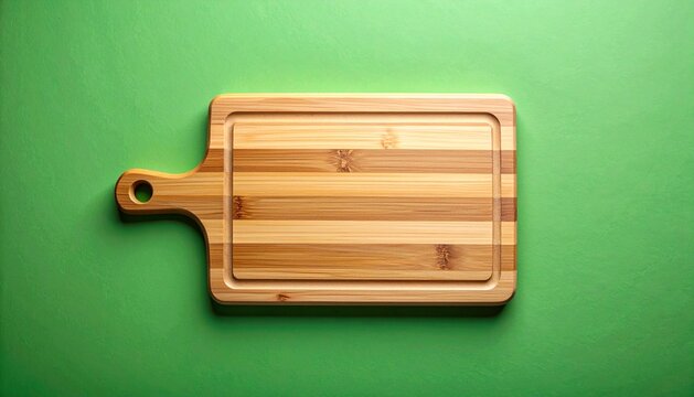 Top view of empty wooden bamboo cutting board with handle on green background