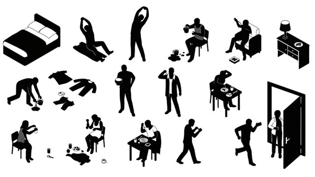 Isometric Messy Morning Routine Workflow &ndash; Human Activity Vector Set in Silhouette Style