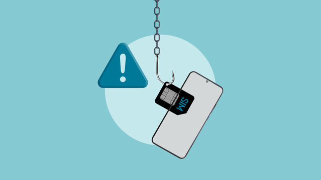 SIM swapping attack concept with smartphone and SIM card on hook, mobile number hijacking, identity theft, account takeover and telecom fraud warning