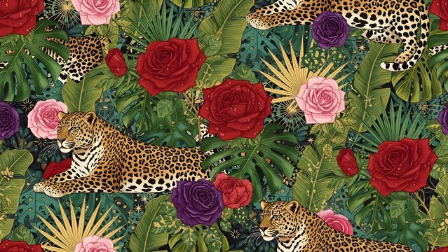 Exotic Jungle Safari Seamless Pattern with Majestic Leopards, Lush Tropical Leaves, and Vibrant Red and Pink Roses, Interspersed with Golden Accents for a Luxurious and Wild Aesthetic