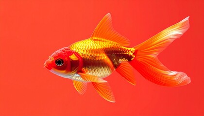 Fototapeta premium Vibrant Orange and Gold Goldfish with Flowing Fins Against a Solid Red Background