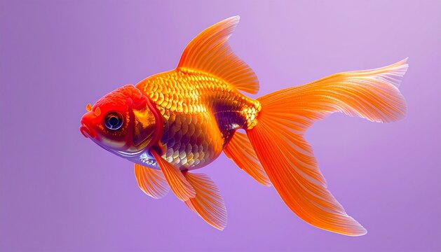 Vibrant Orange Goldfish with Flowing Fins Against a Purple Gradient Background