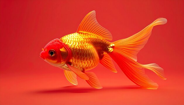 Elegant Goldfish with Flowing Fins and Shimmering Scales Isolated on a Vibrant Red Background