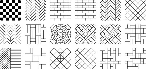 Fototapeta premium Diverse collection of abstract geometric vector tiling patterns and grid designs, ideal for backgrounds, surfaces, and modern graphic design illustrations.