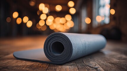 A yoga mat rolled up on a wooden floor in a peaceful room with warm lighting