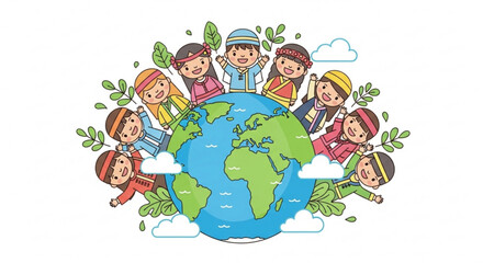 Fototapeta premium Diverse children around the globe symbolizing unity and global friendship flat illustration for international concepts