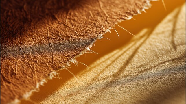 Cinematic macro of handmade paper with deckle edges and long dramatic shadows, highlighting intricate organic fibers under warm oblique light.