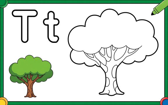 Coloring Page Letter T with Tree and Marker alphabet