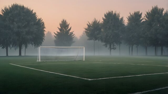 Soft fog covering an empty sports field creating a quiet and reflective mood