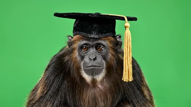 A spider monkey wearing a graduation cap with a gold tassel against a green background.