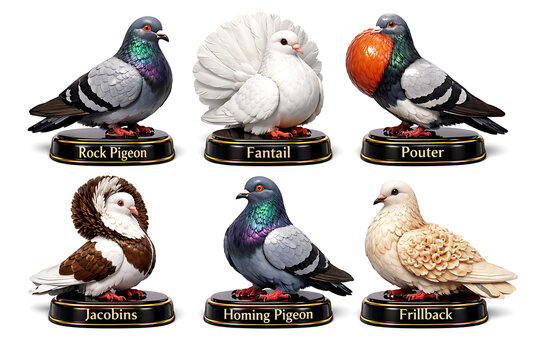 Collection of Diverse Pigeon Breeds Including Rock Pigeon and Fantail on white background