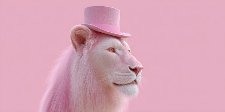 a pink lion wearing a top hat, against a pink background