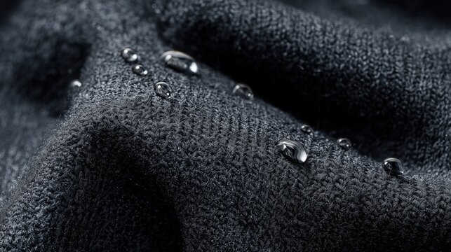 Extreme macro photograph of countless clear water droplets glistening on the surface of dark charcoal grey textured wool fabric.