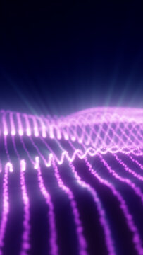 Glowing purple digital waveform with particle lines and soft depth, symbolizing data flow, sound frequency, and futuristic technology.
