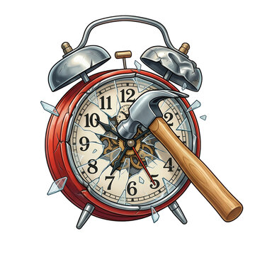 Red alarm clock with shattered glass being smashed by a hammer isolated on white background
