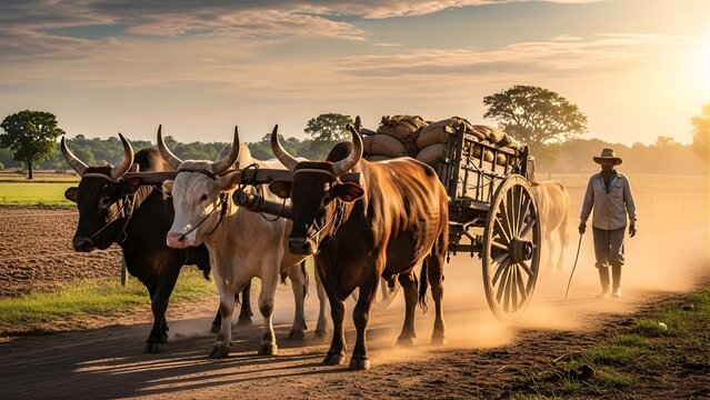 Traditional Ox-Drawn Cart in Rural Countryside at Sunset