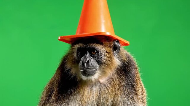 A spider monkey wearing an orange traffic cone on its head against a vibrant green background, looking directly at the viewer.